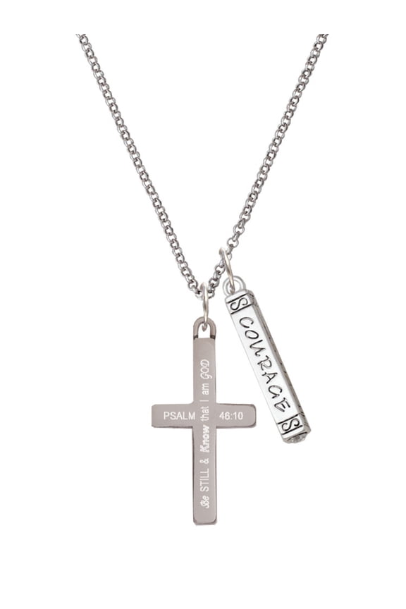 Stainless Steel Psalm 46:10 - Be Still and Know Engraved Cross - Silvertone Courage Strength Wisdom Honesty Bar Charm Necklace, 23"