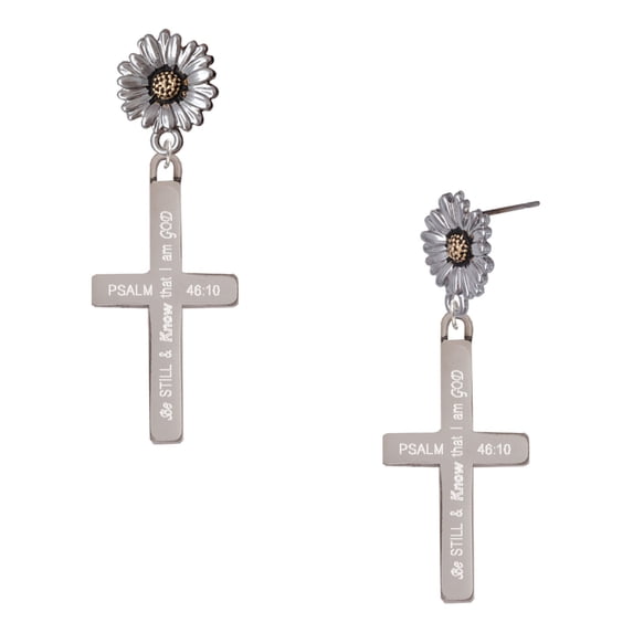Delight Jewelry Stainless Steel Psalm 46:10 - Be Still and Know Engraved Cross - Two-tone Daisy Flower Post Earrings