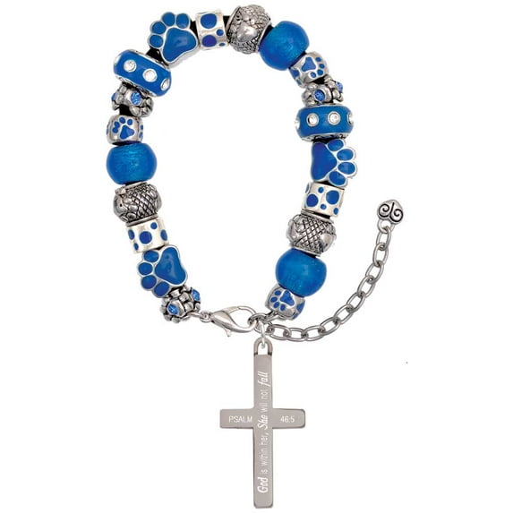 Delight Jewelry Stainless Steel Psalm 46:5 - She will not Fall Engraved Cross - Blue Paw Print Bead Bracelet, 7"+2"