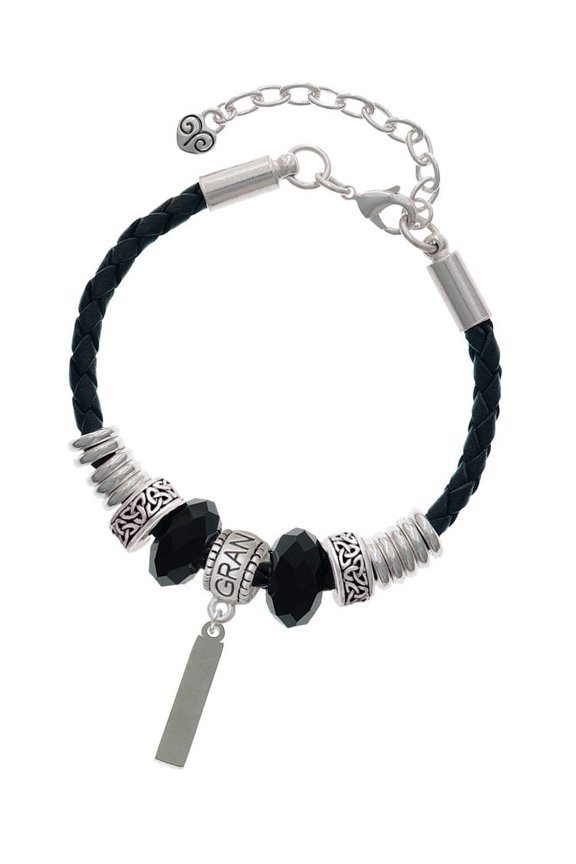 Stainless Steel Rectangular Blank Tag - Grandmother Celtic Knot Leather Bead Bracelet, 7"+2" Extender