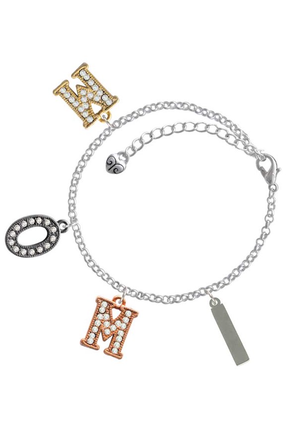 Stainless Steel Rectangular Blank Tag - Multi-Colored Crystal Mom Charm Bracelet