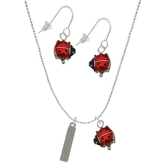 Delight Jewelry Stainless Steel Rectangular Blank Tag - Red Lucky Ladybug Necklace and Dangle Earrings Set