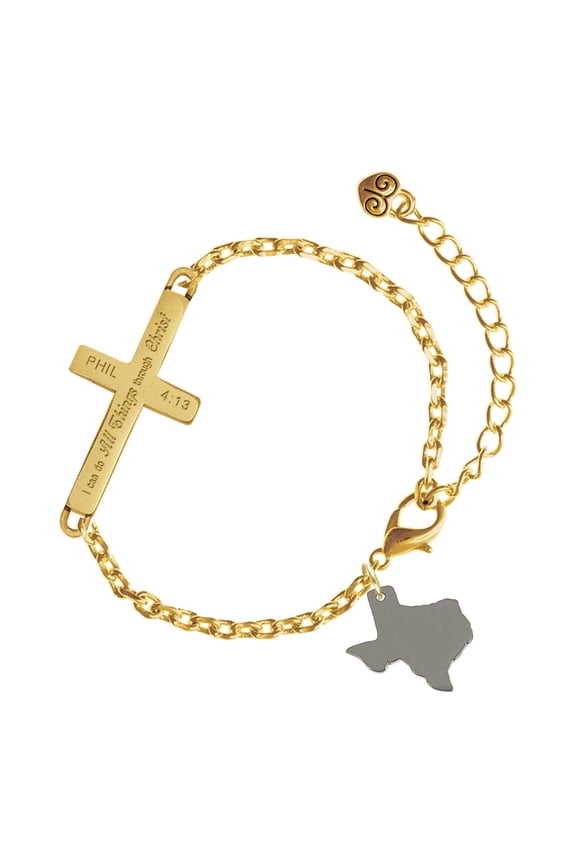 Stainless Steel Texas - Gold Tone Philipians 4:13 I Do All Things Through Christ Engraved Cross Charm Bracelet, 6.5+1.5" Extender