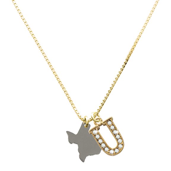 Delight Jewelry Stainless Steel Texas - Large Goldtone Crystal Initial - U - Charm Necklace, 17.5"+2"