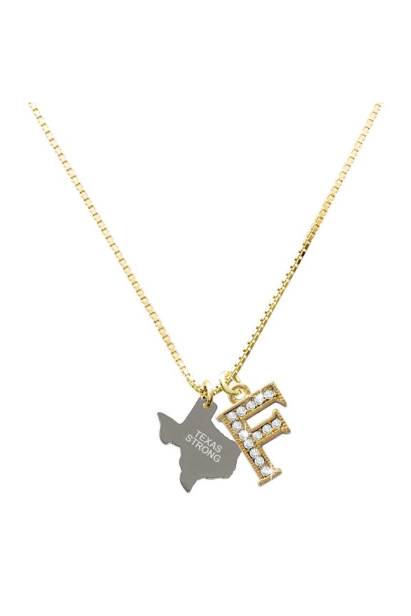 Stainless Steel Texas Strong - Large Goldtone Crystal Initial - F - Charm Necklace, 17.5"+2"