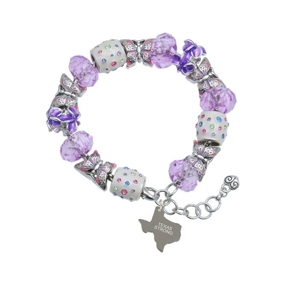 Delight Jewelry Stainless Steel Texas Strong - Purple Butterfly Bead Charm Bracelet, 7"+1" Extender