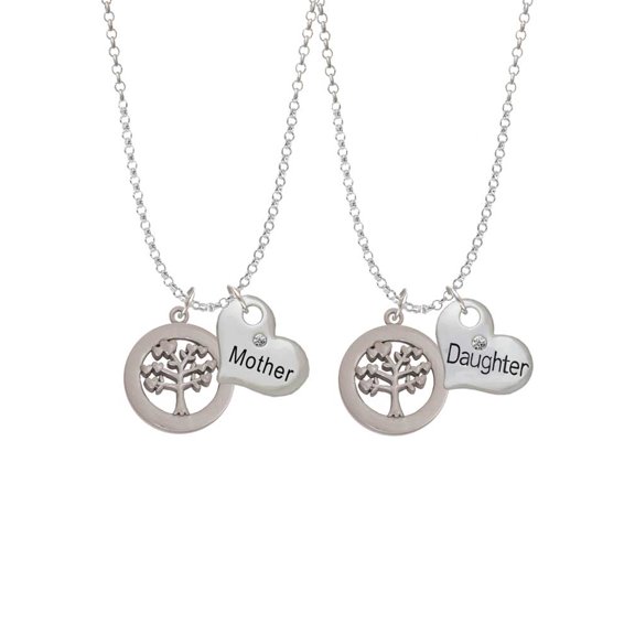 Delight Jewelry Stainless Steel Tree of Life in Eternity Ring - Mother & Daughter Heart Necklaces (Set of 2), 19"+2"