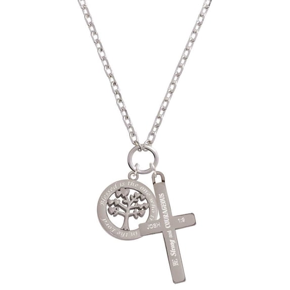 Delight Jewelry Stainless Steel Trust in the Lord Tree of Life - Be Strong and Courageous Engraved Cross Zoey Necklace, 28"