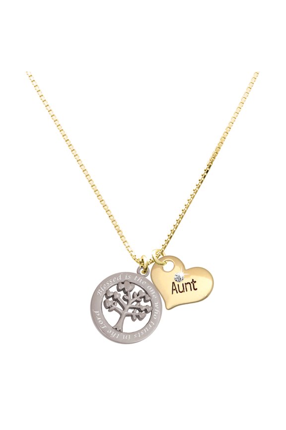 Stainless Steel Trust in the Lord Tree of Life - Large Goldtone Aunt Heart Charm Necklace, 17.5"+2" Extender