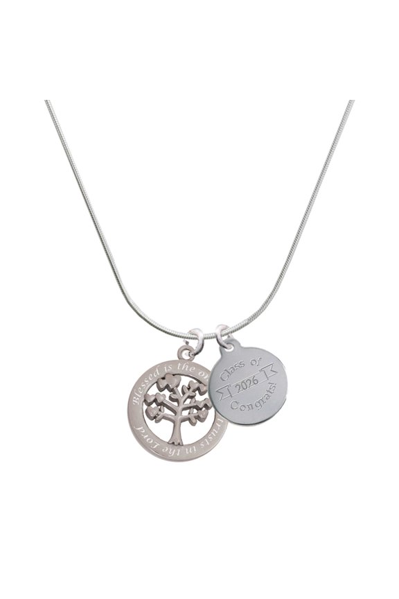 Stainless Steel Trust in the Lord Tree of Life - Silvertone Engraved Congrats Class of 2026 Charm Necklace, 18"