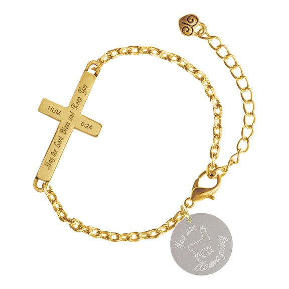 Delight Jewelry Stainless Steel You are Llamazing Llama Disc - Gold Tone Numbers 6:24 May the Lord Bless You Engraved Cross Charm Bracelet, 6.5+1.5" Extender
