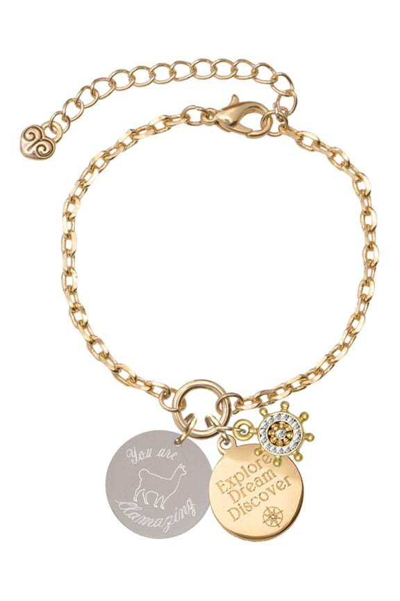 Stainless Steel You are Llamazing Llama Disc - Goldtone Discover Dream Explore Zoey Charm Bracelet, 6.5+2" Extender
