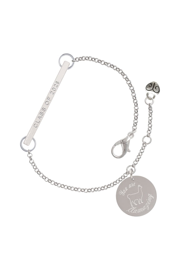 Stainless Steel You are Llamazing Llama Disc - Silvertone Class of 2026 Delicate Bar Bracelet, 8.5"