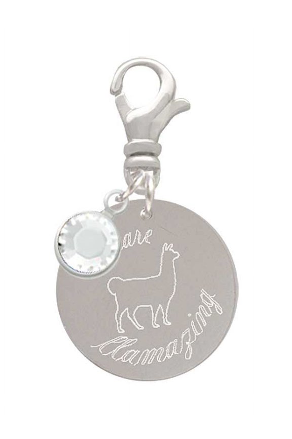 Stainless Steel You are Llamazing Llama Disc - - Silvertone Clip on Charm with Clear Crystal Drop