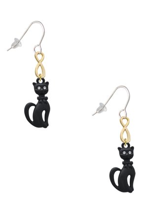 Tall Sitting Matte Black Cat Gold Tone Infinity French Earrings