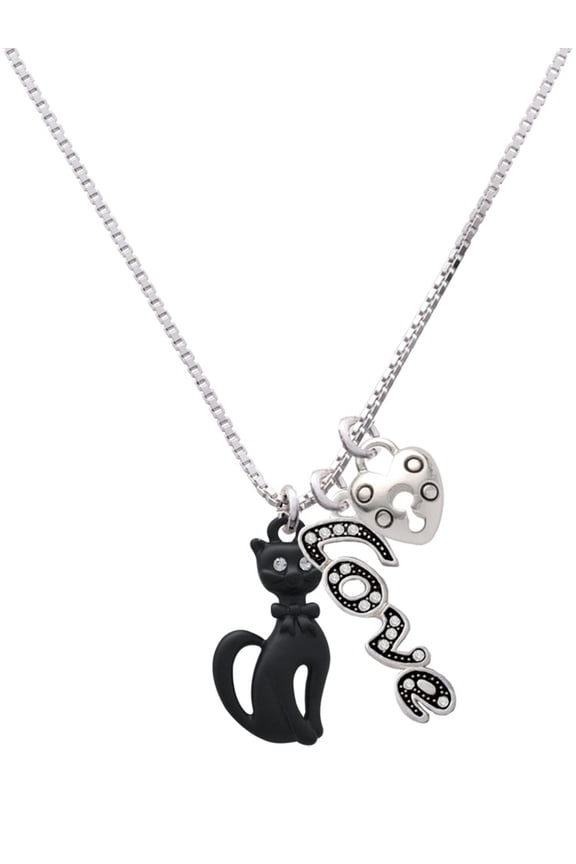 Tall Sitting Matte Black Cat - Love and Lock Charm Necklace, 18"+1"