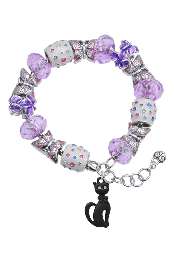 Tall Sitting Matte Black Cat Purple Butterfly Bead Charm Bracelet, 7"+1" Extender