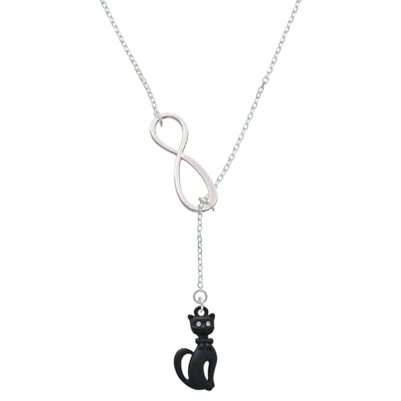 Delight Jewelry Tall Sitting Matte Black Cat Silver tone Elegant Infinity Lariat Necklace