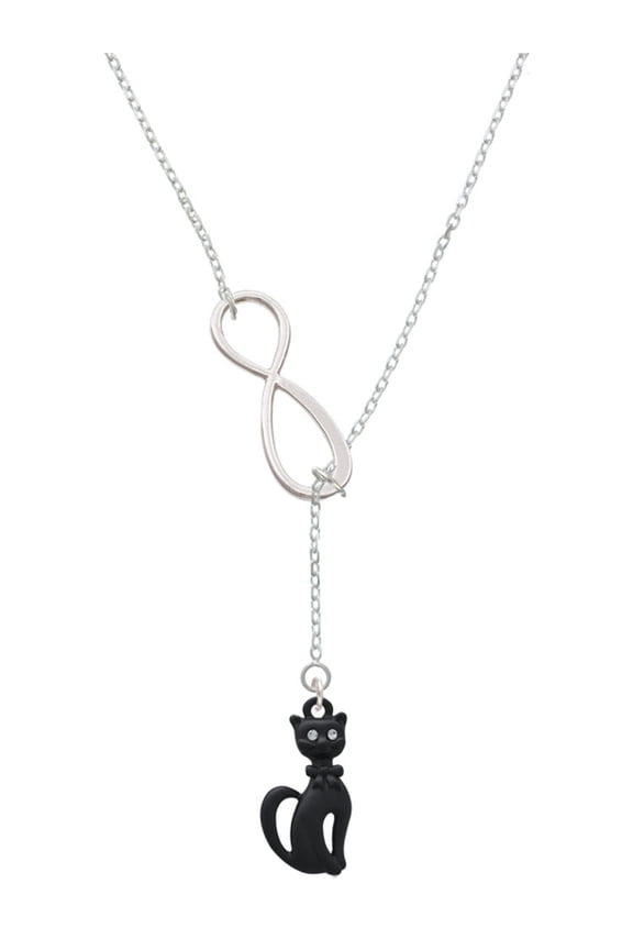 Tall Sitting Matte Black Cat Silver tone Elegant Infinity Lariat Necklace