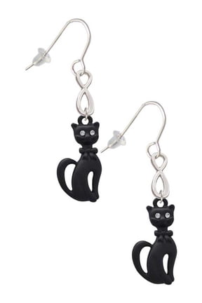 Tall Sitting Matte Black Cat Silver tone Infinity French Earrings