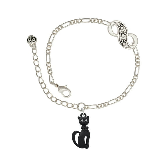 Delight Jewelry Tall Sitting Matte Black Cat Silver-tone Paw Infinity Link Chain Bracelet, 6"+2" Extender