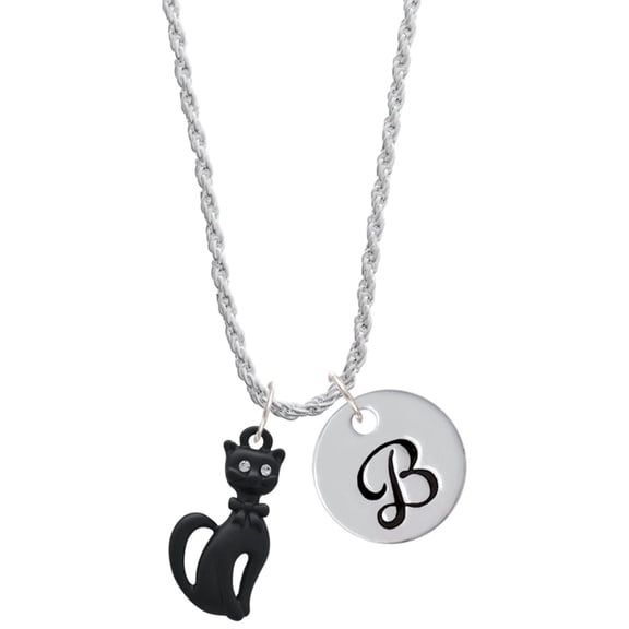 Delight Jewelry Tall Sitting Matte Black Cat Silvertone Script Initial Disc - B - Charm Necklace, 20"+3"