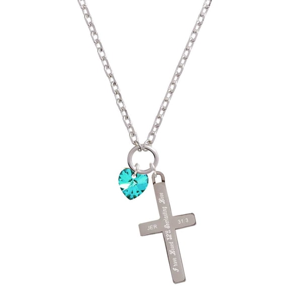 Delight Jewelry Teal Crystal Heart Everlasting Love Engraved Cross Zoey Necklace, 28"