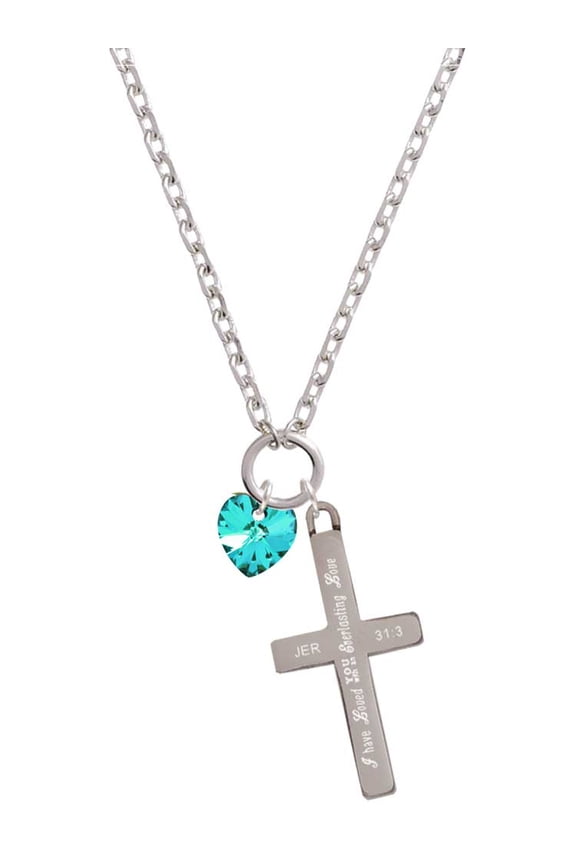 Teal Crystal Heart Everlasting Love Engraved Cross Zoey Necklace, 28"
