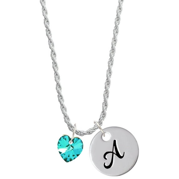 Delight Jewelry Teal Crystal Heart Silvertone Script Initial Disc - A - Charm Necklace, 20"+3"