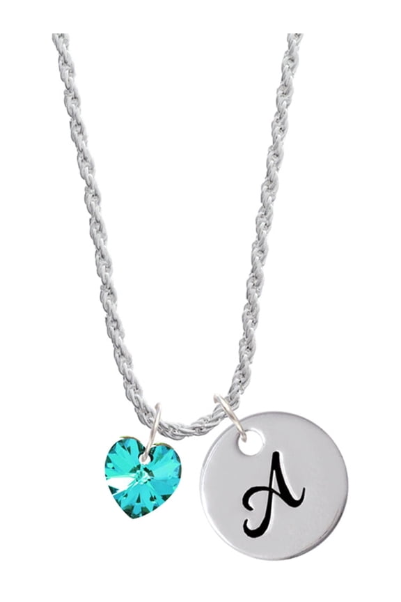 Teal Crystal Heart Silvertone Script Initial Disc - A - Charm Necklace, 20"+3"
