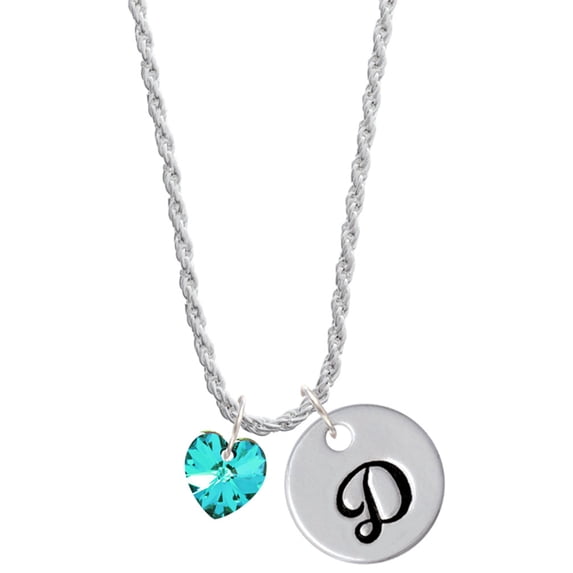 Delight Jewelry Teal Crystal Heart Silvertone Script Initial Disc - D - Charm Necklace, 20"+3"