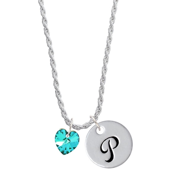 Delight Jewelry Teal Crystal Heart Silvertone Script Initial Disc - P - Charm Necklace, 20"+3"