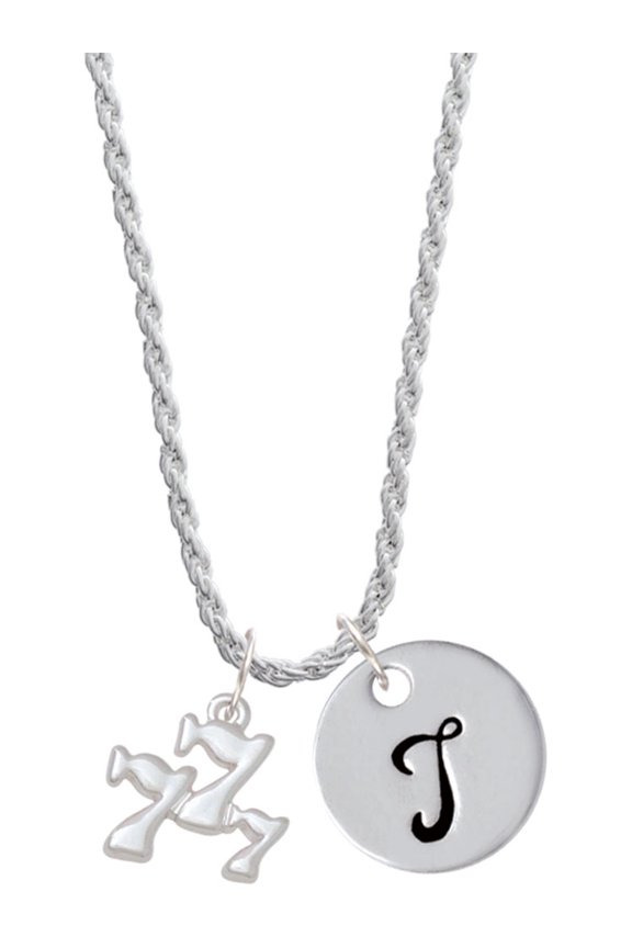 Three Lucky 7s Silvertone Script Initial Disc - T - Charm Necklace, 20"+3"