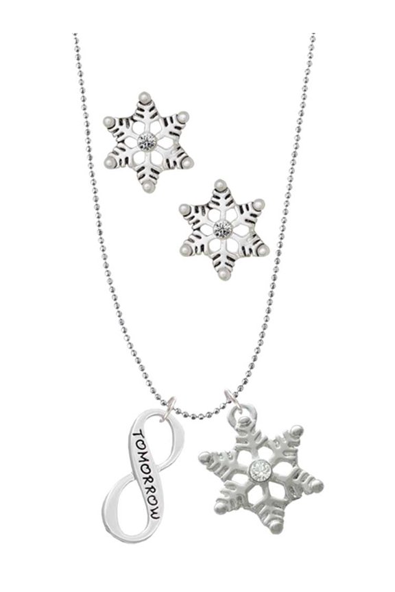 Today Tomorrow Infinity Sign Silver tone Snowflake Charm Necklace and Stud Earrings