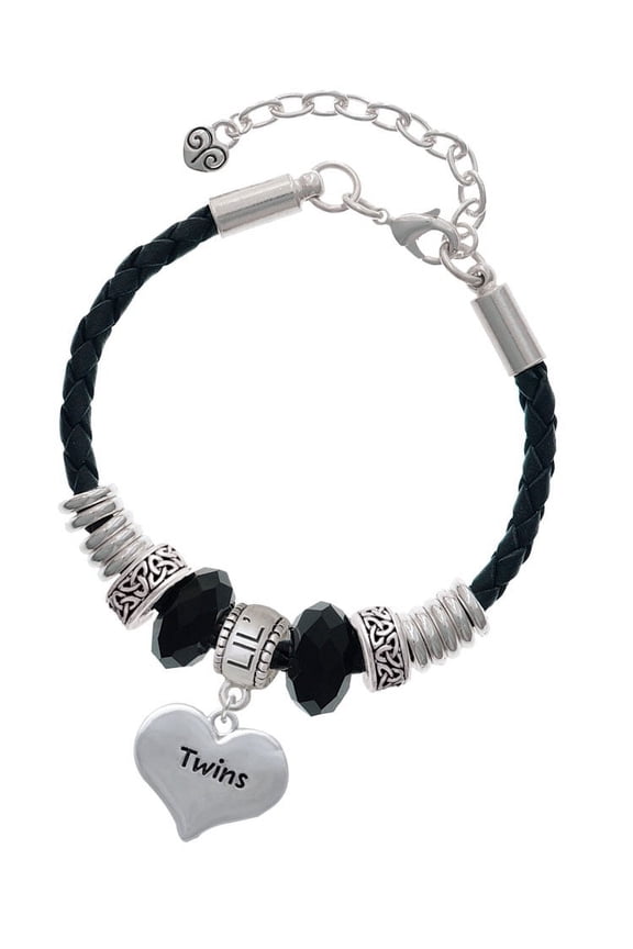 Twins Heart with Two Pair of Baby Feet Big Sister Celtic Knot Leather Bead Bracelet, 7"+2" Extender