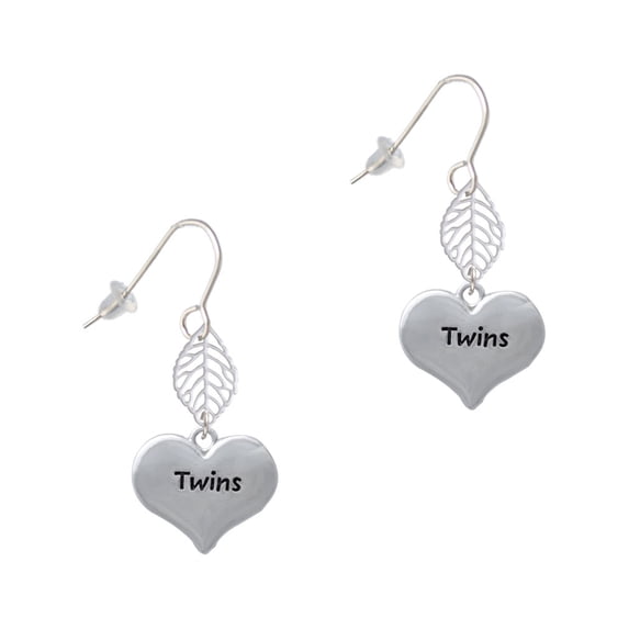 Delight Jewelry Twins Heart with Two Pair of Baby Feet Silvertone Leaf French Earrings