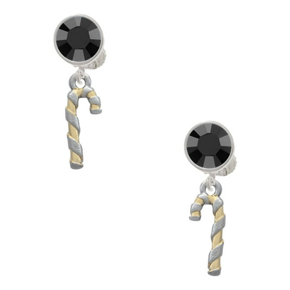 Delight Jewelry Two-tone 3-D Candy Cane Black Crystal Clip on Earrings