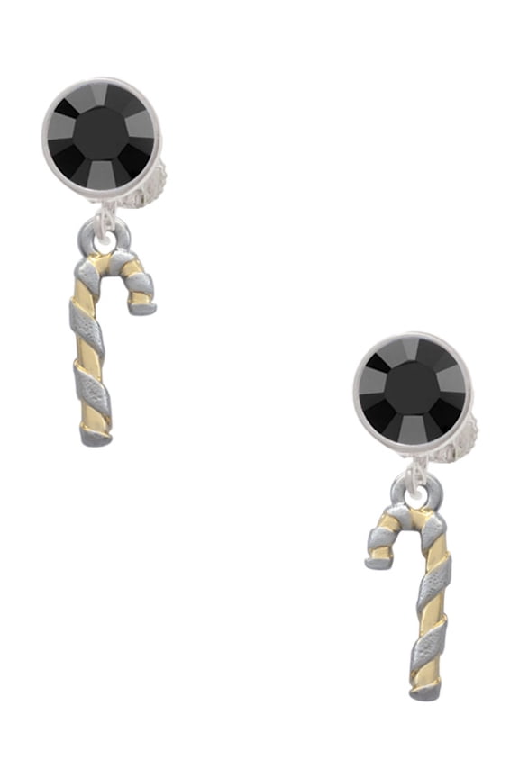 Two-tone 3-D Candy Cane Black Crystal Clip on Earrings