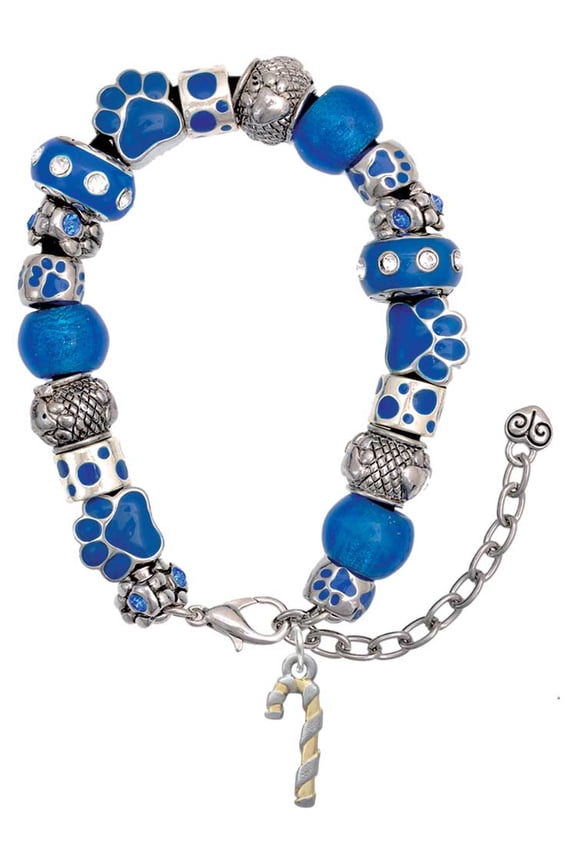 Two-tone 3-D Candy Cane Blue Paw Print Bead Bracelet, 7"+2"