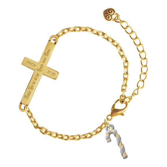 Delight Jewelry Two-tone 3-D Candy Cane - Gold Tone Proverbs 31:31 Praise Her for all Her Hands have Done Engraved Cross Charm Bracelet, 6.5+1.5" Extender
