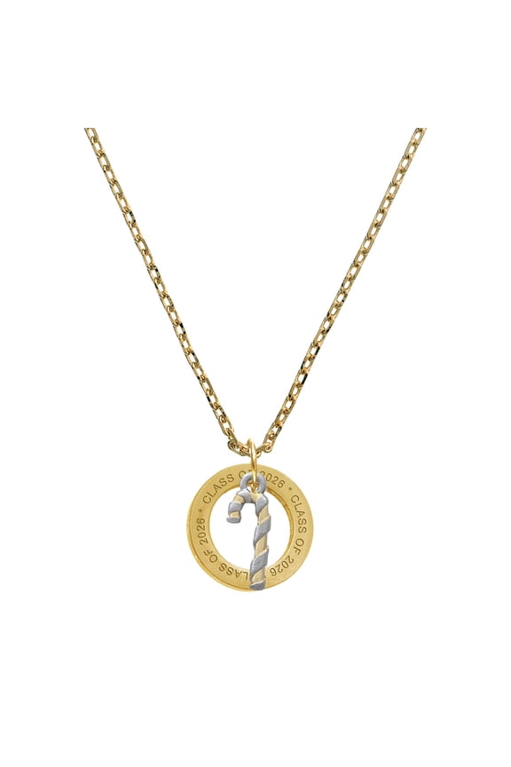 Two-tone 3-D Candy Cane - Goldtone Class of 2026 Affirmation Ring Necklace, 23"