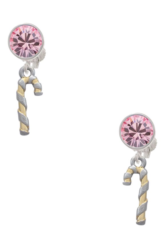 Two-tone 3-D Candy Cane Pink Crystal Clip on Earrings