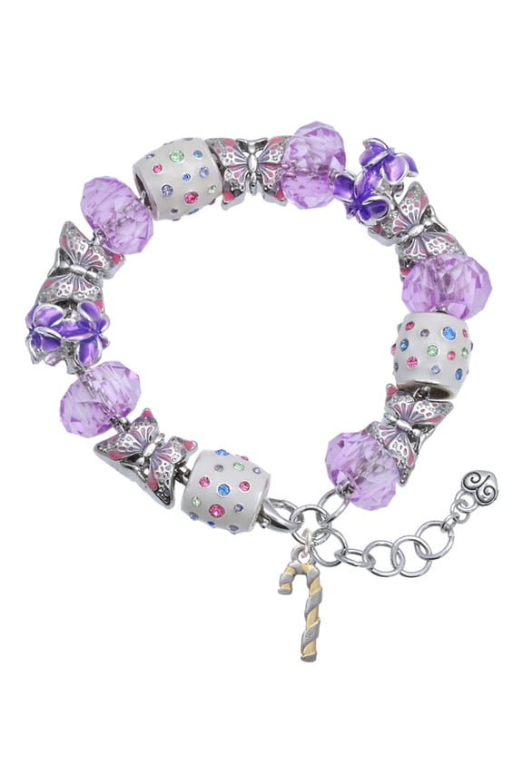 Two-tone 3-D Candy Cane Purple Butterfly Bead Charm Bracelet, 7"+1" Extender