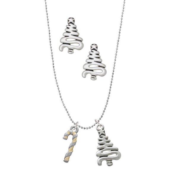 Delight Jewelry Two-tone 3-D Candy Cane Silver tone Zig Zag Christmas Tree Charm Necklace and Stud Earrings