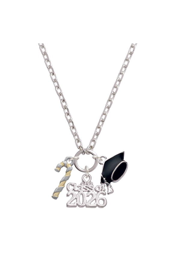 Two-tone 3-D Candy Cane - Silvertone Class of 2026 Graduation Zoey Charm Necklace, 28"