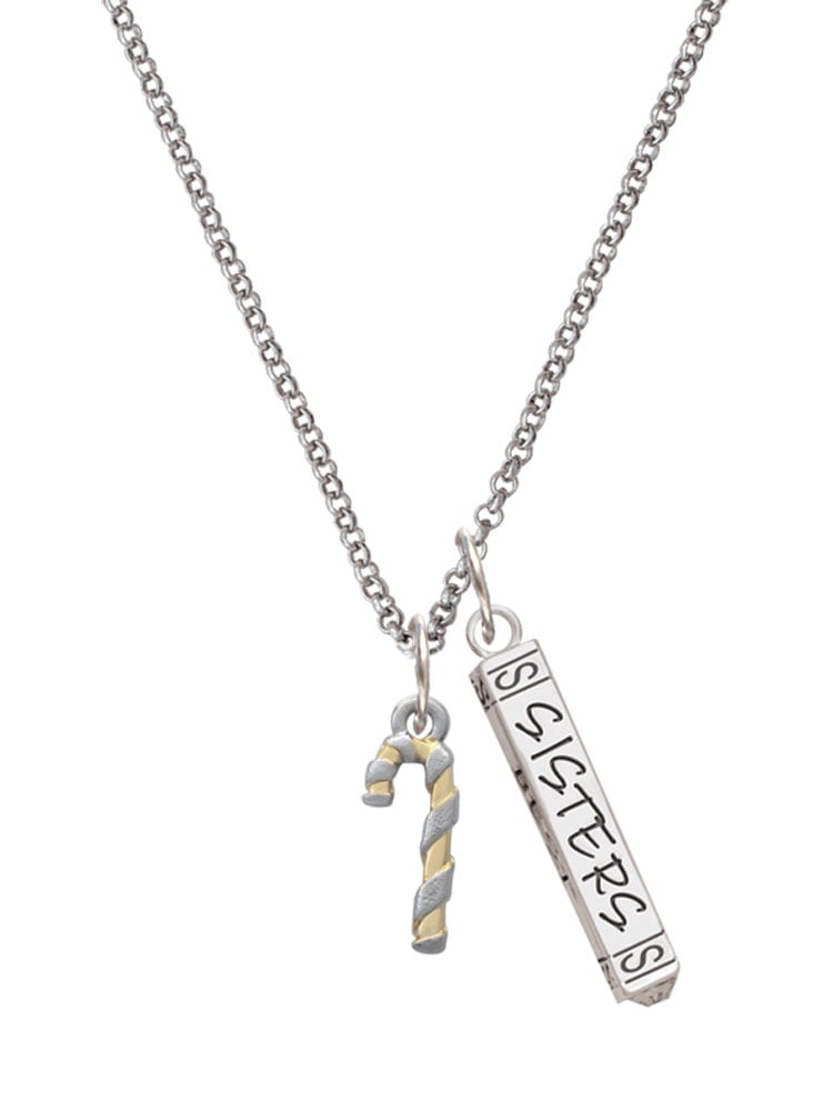 Delight Jewelry Two-tone 3-D Candy Cane Silvertone Sisters Best Friends Forever Bar Charm Necklace, 23"