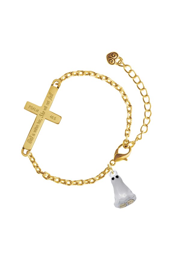 Two-tone 3-D Ghost with Black Crystals - Gold Tone Psalm 46:5 She will not fall Engraved Cross Charm Bracelet, 6.5+1.5" Extender