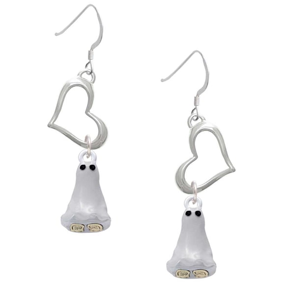 Delight Jewelry Two-tone 3-D Ghost with Black Crystals Open Heart French Earrings