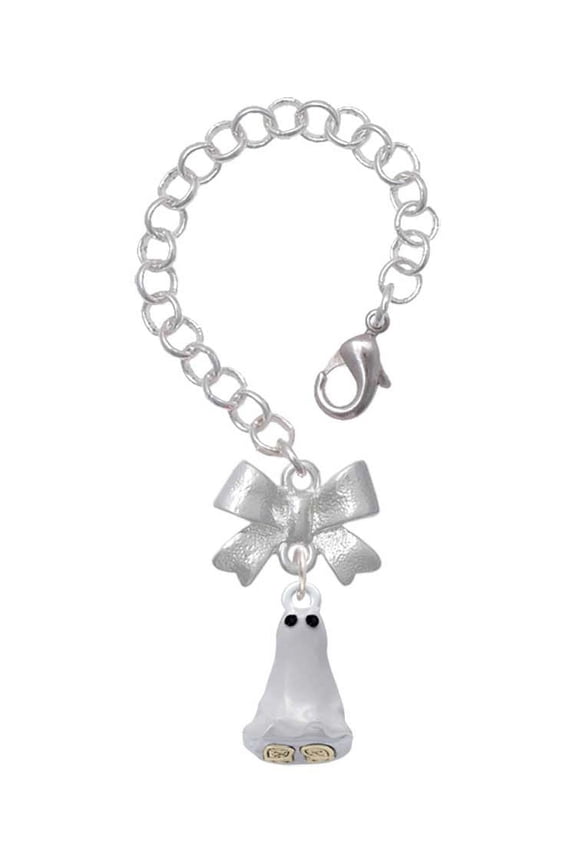 Two-tone 3-D Ghost with Black Crystals - Silvertone Bow Charm Accessory for Tumblers and Thermal Cups