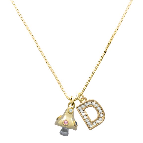 Delight Jewelry Two-tone 3-D Mushroom with Crystals - Large Goldtone Crystal Initial - D - Charm Necklace, 17.5"+2"
